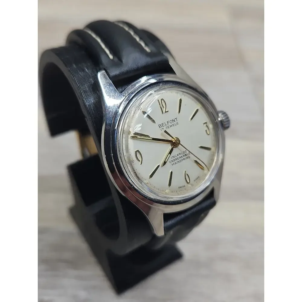 Vintage Belfont 17 Jewels Manual Wind Incabloc watch. New Leather Band. 1950's